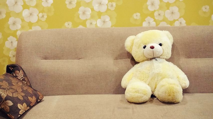 a teddy bear sitting in a sofa